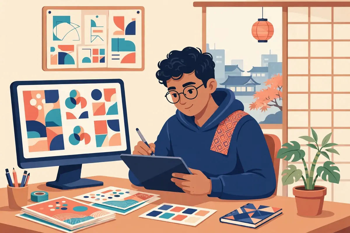 कम्प्युटरमा पोस्टर र लोगो डिजाइन गर्दै गरेको डिजाइनरको चित्रण
