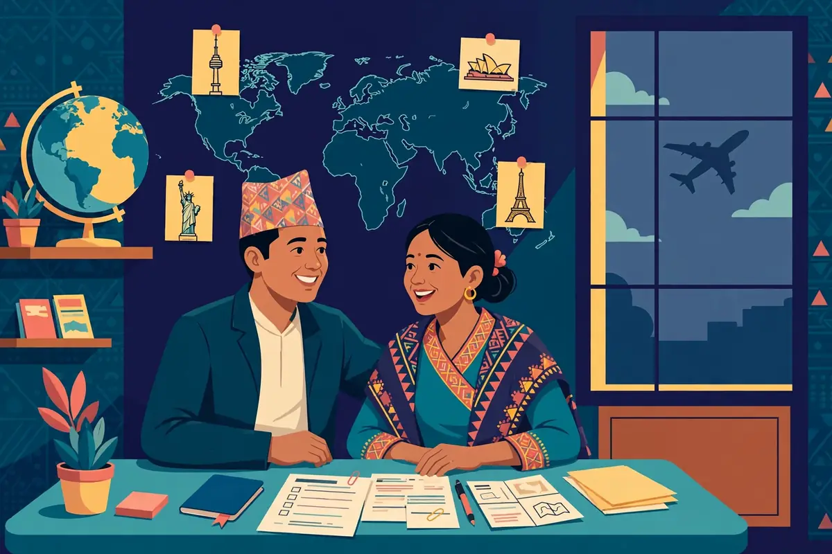 विश्व नक्सा र विभिन्न देशका प्रसिद्ध चिन्हहरूअगाडि भिसा कागजात मिलाउँदै गरेको नेपाली दम्पतीको चित्रण