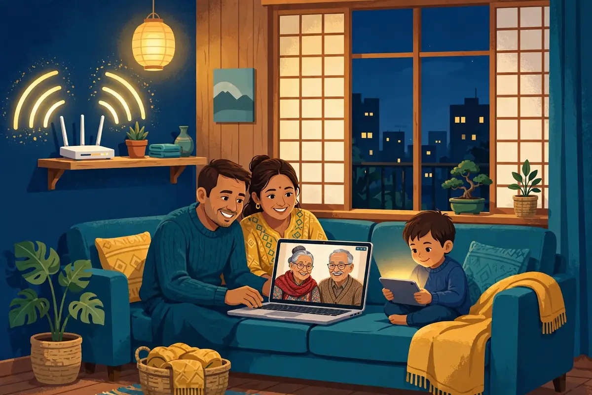 जापानको घरमा वाईफाई राउटर चलाएर परिवारसँग भिडियो कल गर्दै गरेको नेपाली परिवारको चित्रण